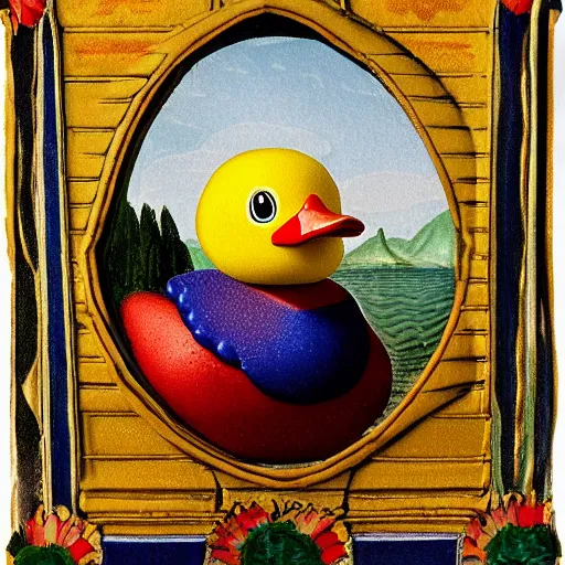 Image similar to a matte portrait of a highly decorated rubber duck with a dreamy expression, highly detailed, illustration in renaissance style