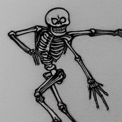 Image similar to pencil sketch of a skeleton sprinting with a cane