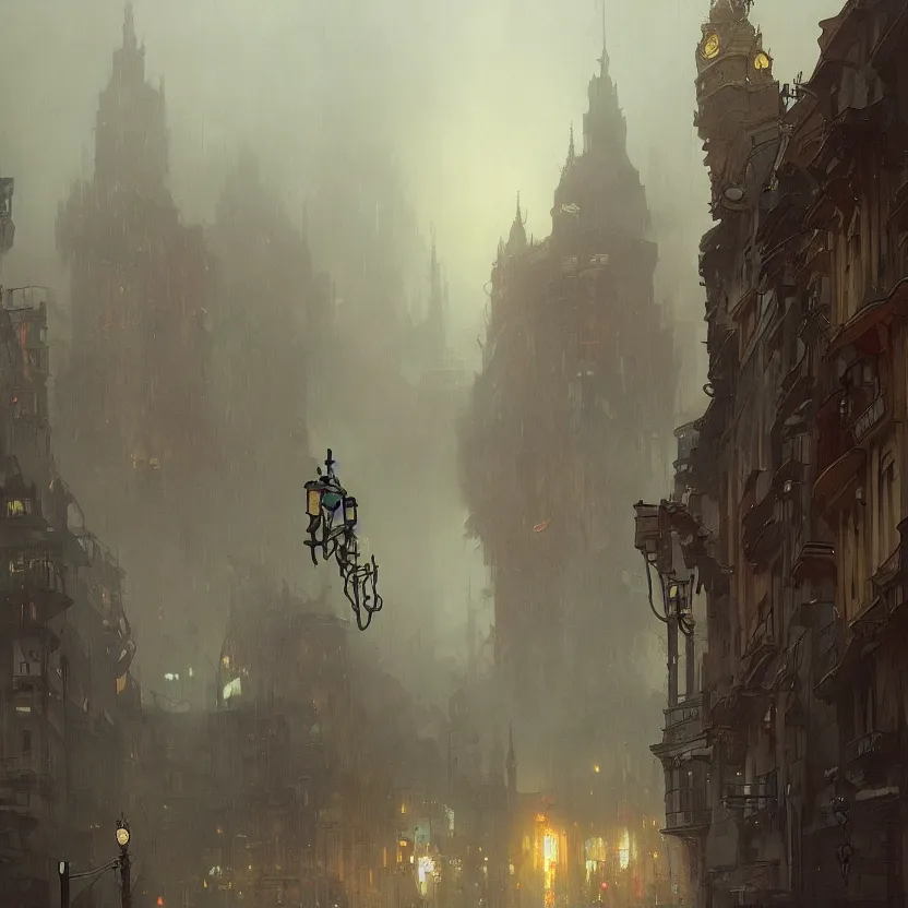 Image similar to polish city with rainy and moody cinematic lighting by darek zabrocki and greg ruthkowski, alphonse mucha, simon stalenhag and cinematic and atmospheric, concept art, artstation, trending on artstation