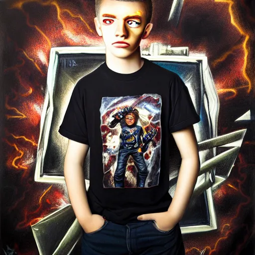 Image similar to portrait of modern teenage boy in a metallica t - shirt painting warhammer 4 0 k figurines, depth of field, zeiss lens, detailed, centered, fashion photoshoot, by nicoletta ceccoli, mark ryden, lostfish, breathtaking, 8 k resolution, extremely detailed, beautiful, establishing shot, artistic, hyperrealistic, octane render