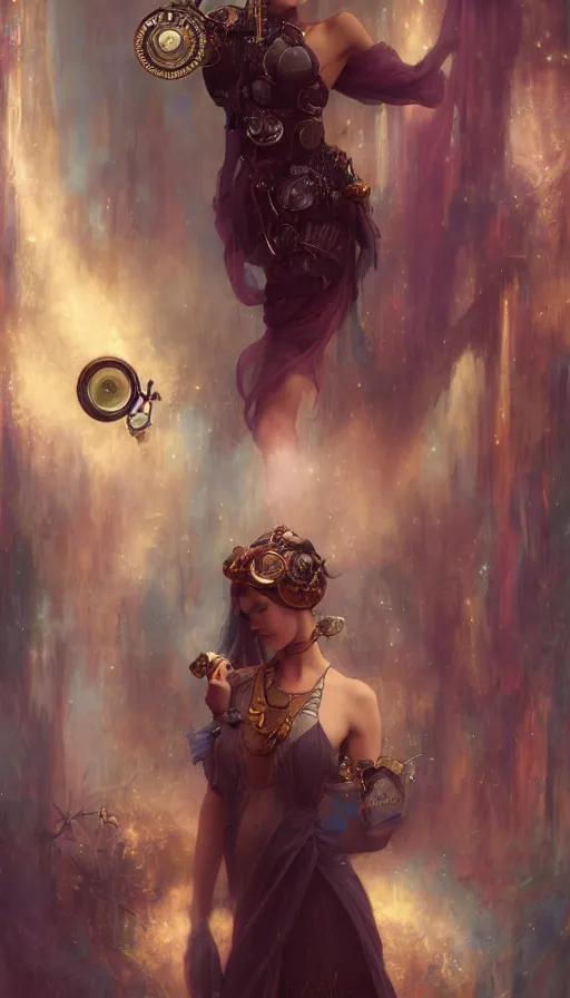 Image similar to hyper realistic photographer taking a picture, magical, gems, jewels, gold, steampunk, cyberpunk, painted by tom bagshaw, mucha, gaston bussiere, craig mullins, j. c. leyendecker 8 k