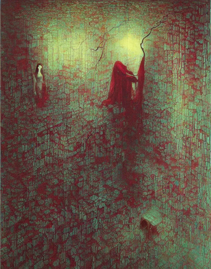 Image similar to interior of a small room, large floating glowing crystal tesseract!!!!!!!!!!!!!!!!!!, beksinski painting, part by adrian ghenie and gerhard richter. art by takato yamamoto. masterpiece, deep colours
