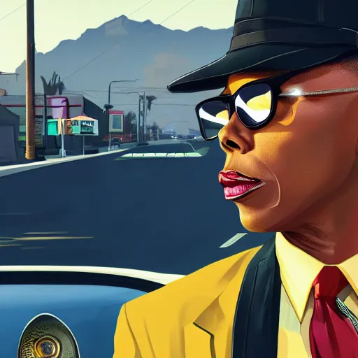 Image similar to rupaul in gta v, cover art by stephen bliss, artstation, no text