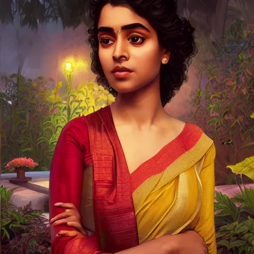 Prompt: character concept portrait of a bengali girl, wearing a silk muslin saree, voluptuous, at a garden at night, highly detailed, digital painting, artstation, concept art, symmetry, smooth, sharp focus, illustration, art by artgerm and greg rutkowski and alphonse mucha