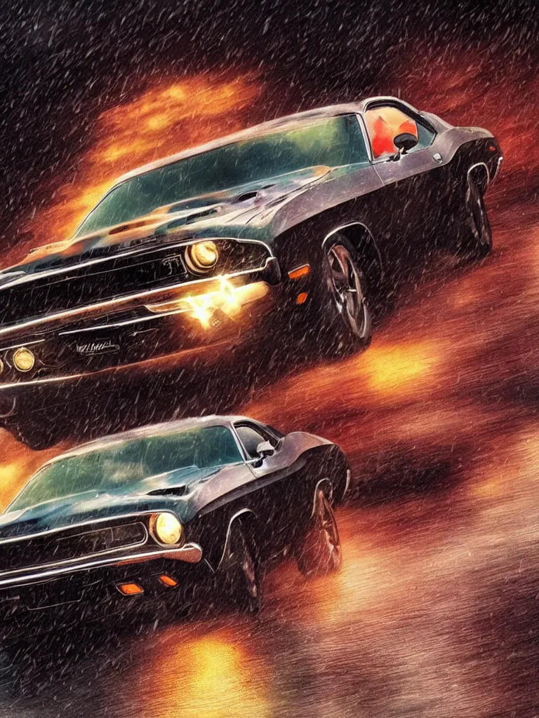 Prompt: a realistic detailed photo of karl havoc driving a 1 9 7 0 dodge challenger in the rain, character concept, cinematic lighting, global illumination radiating a glowing aura, i think you should leave