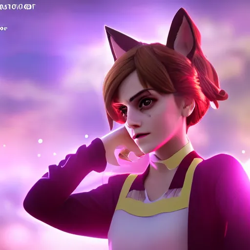 Image similar to emma watson dressed as a catgirl. artstation. 3 d. fantasy city square. highly accurate lines. dynamic lighting. 4 k. genshin impact screenshot