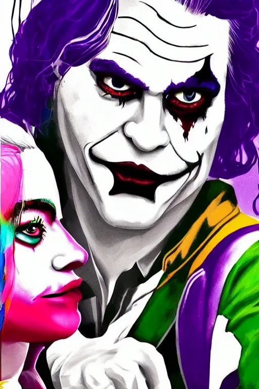 Image similar to joaquin phoenix as joker and lady gaga as harley quinn, remove duplicate content!!!!, violet polsangi pop art, gta chinatown wars art style, bioshock infinite art style, incrinate, realistic anatomy, hyperrealistic, two colors, white frame, content balance proportion