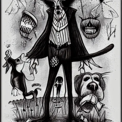 Image similar to dark art cartoon grunge drawing of a dobermann by tim burton - loony toons style, horror theme, detailed, elegant, intricate, trending on art station