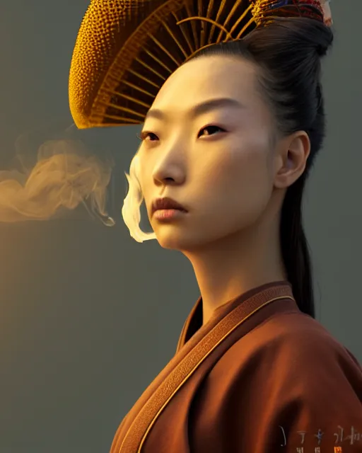 Prompt: front facing portrait of samurai, female, prismatic highlights, smoke atmosphere, super model, brown skin, beautiful, depth of field, cinematic, macro, concept art, 50mm, art station, wepa digital, digital painting, elegant, epic, focus, octane render, v-ray, 8k, C4D, art by Yoshitaka Amano