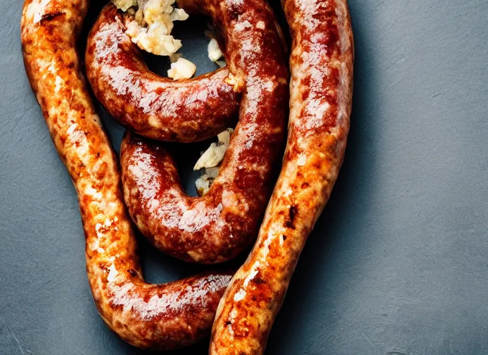 Prompt: A sausage eating a sausage. close up food photography, studio lighting, Sigma 35mm f/1.4