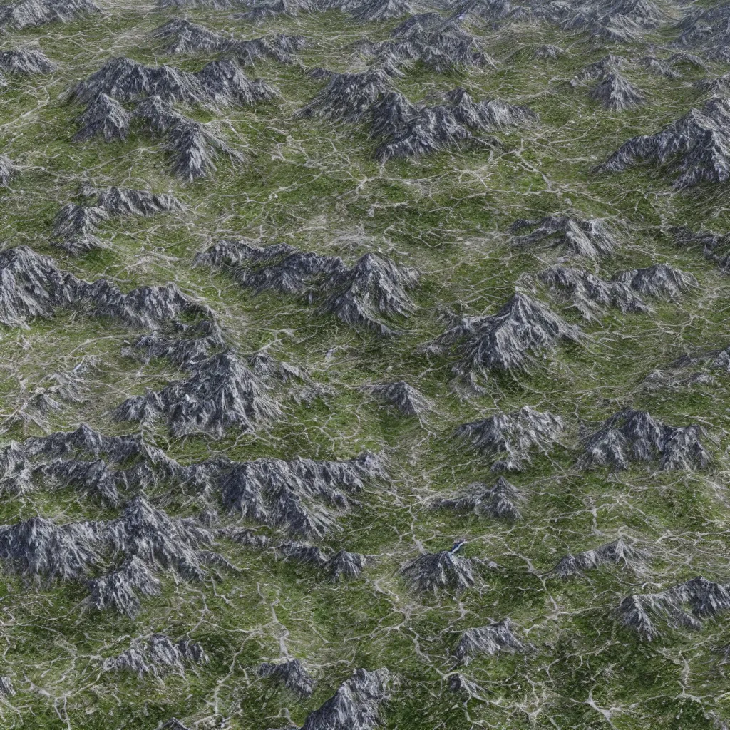 Prompt: A 3D Model of a very highly textured and detailed landscape as seen from a Satellite, full of shaped mountains and creeks, unreal engine 5, photorealistic lighting, hyperrealistic, 8K, 3D rendered, perfect naturalistic shot