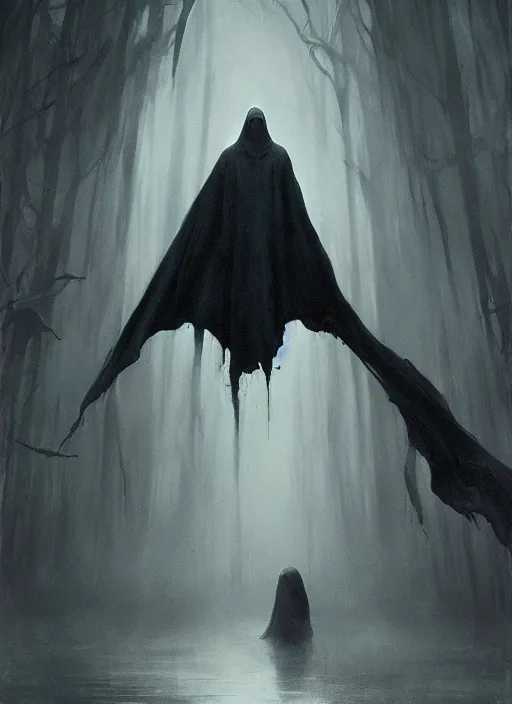 Prompt: dementor. draped in dark sheet. dark colors. menacing. haunting. frightening. outstretched hand. trending on artstation. award winning. artgem. greg rutkowski. beksinski. extremely detailed. 4 k.