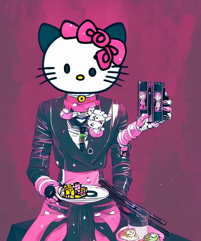 Prompt: a portrait of an anthropomorphic cyberpunk hello kitty eating sushi, cyberpunk!, fantasy, elegant, digital painting, artstation, concept art, matte, sharp focus, illustration, art by josan gonzalez