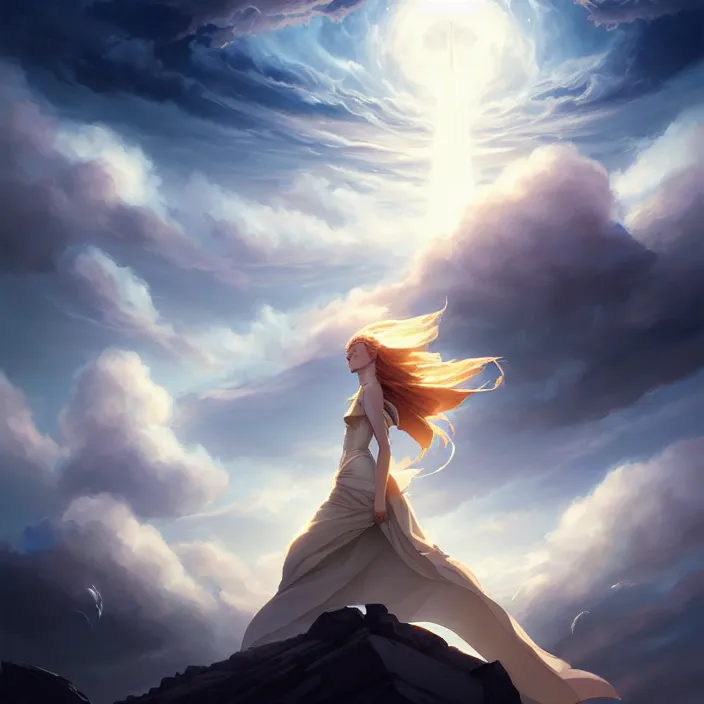 Prompt: style artgerm, joshua middleton, charlie bowater, soft castle in the sky white with gold, majestic spires, clouds swirling, detailed, sky setting, volumetric lighting