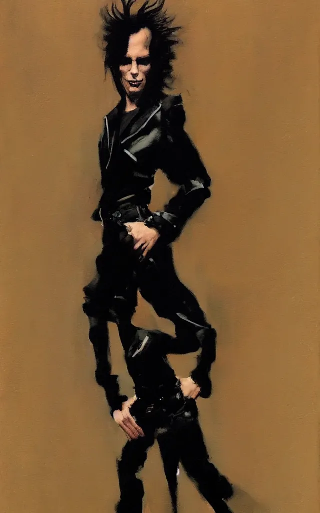 Image similar to full body portrait of an androgynous glam rocker in the style of phil hale, sfumato