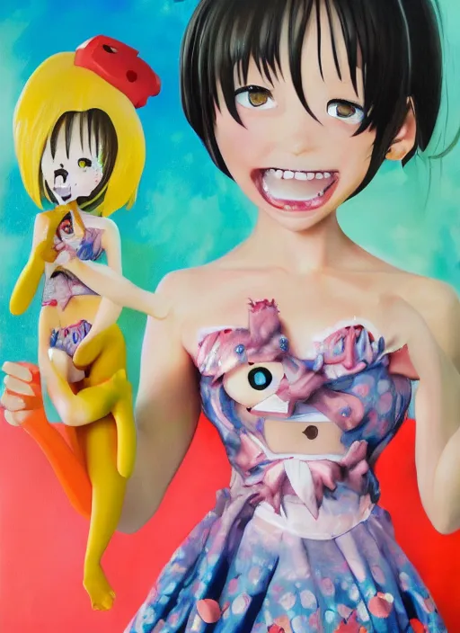 Image similar to a hyperrealistic oil painting of a kawaii anime girl figurine caricature with a big dumb grin featured on Nickelodeon by Dave McKean