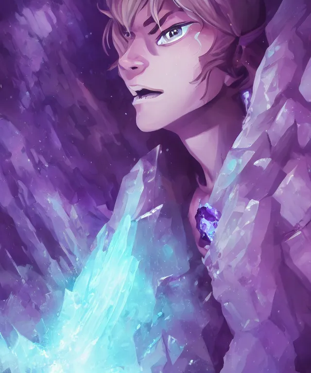 Prompt: The benevolent purple amethyst spirit in a magical crystal icy cave, tense cinematic composition, close up portrait with wide background, by Andreas Rocha