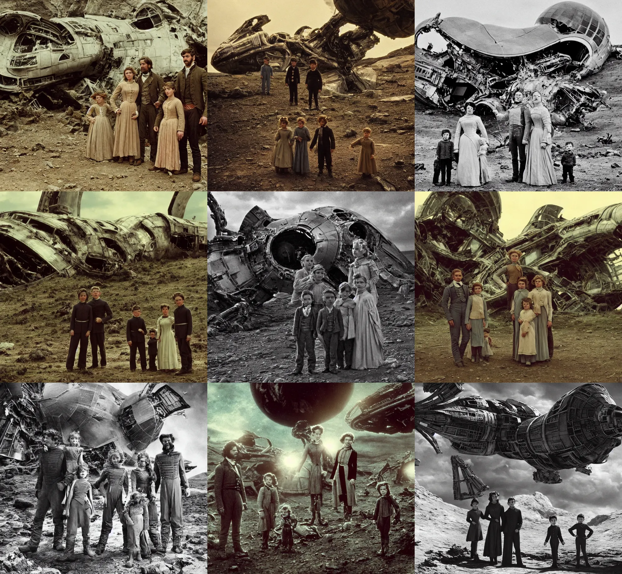 Prompt: extremely sharply detailed, scan from blockbuster 9 6 k sci fi color movie freeze frame, set 1 8 6 0, family standing in front of crashed spaceship, on alien planet, looking happy, wearing 1 8 5 0 s era clothes, atmospheric lighting, in focus, reflective eyes, 9 9 9 9 mm macro lens, live action, nice composition and photography, clear facial details