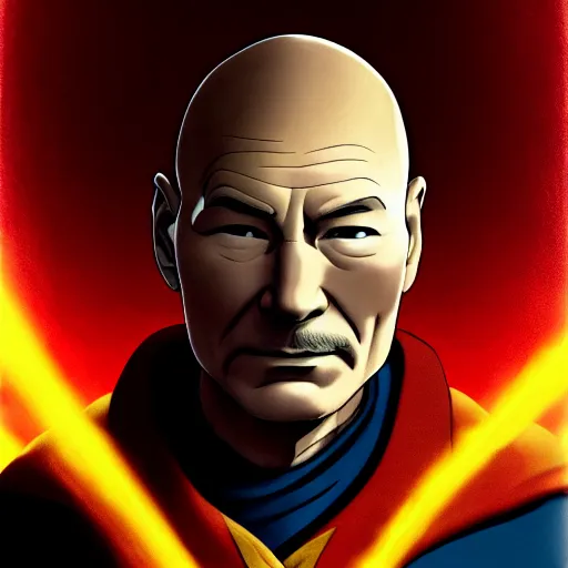 Image similar to a portrait of Patrick Stewart as airbending master Tenzin by Zack Snyder, Christopher Nolan, Steven Spielberg, Avatar the Last Airbender, Legend of Korra, 8k photorealistic, cinematic lighting, HD, high details, dramatic, trending on artstation, view from below, dark atmosphere