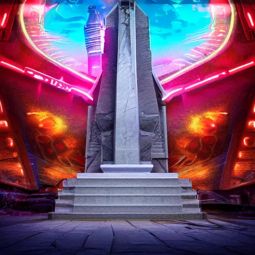 Image similar to photorealistic movie poster of insustrialpunk monument. hyperdetailed photorealism, 1 0 8 megapixels, amazing depth, high resolution, 3 d shading, 3 d finalrender, 3 d cinematic lighting, glowing rich colors, psychedelic overtones, artstation concept art.