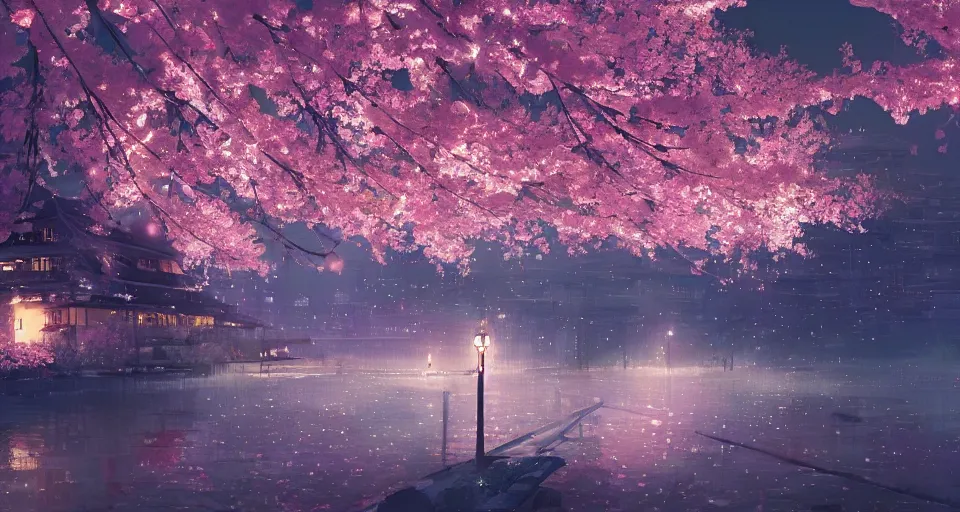 Image similar to Anime picture of night festive Montreux city with blooming sakura and candles on the lake, volumetric lighting, 4k, octane, digital painting, artstation, concept art, sharp focus, illustration, art by Makoto Shinkai and Ilya Kuvshinov