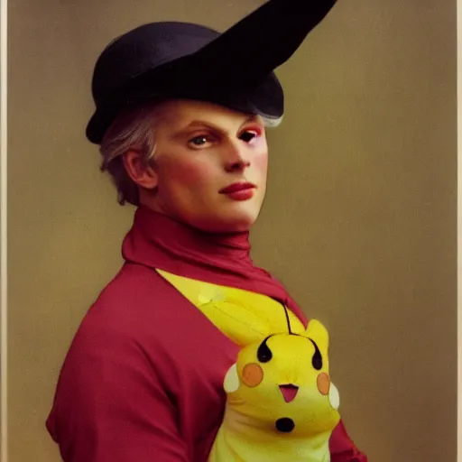 Image similar to elegant man dressed up as pikachu, art photo by Annie Liebovitz and Alphonse Mucha, glossy, sharp, clean, old fashion