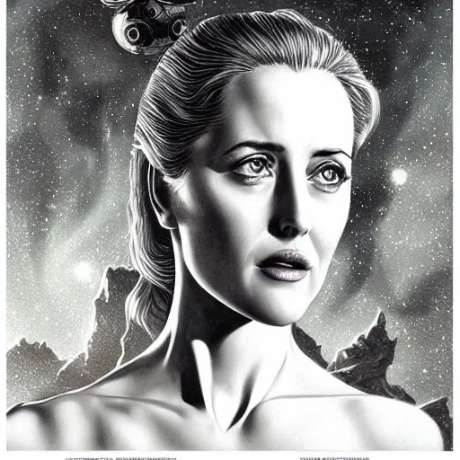 Image similar to young Gillian Anderson as a ruggedly beautiful retro SCI-FI space heroine 1985 , intricate, elegant, highly detailed, centered, digital painting, artstation, concept art, smooth, sharp focus, illustration, art by artgerm and donato giancola and Joseph Christian Leyendecker, Ross Tran, WLOP