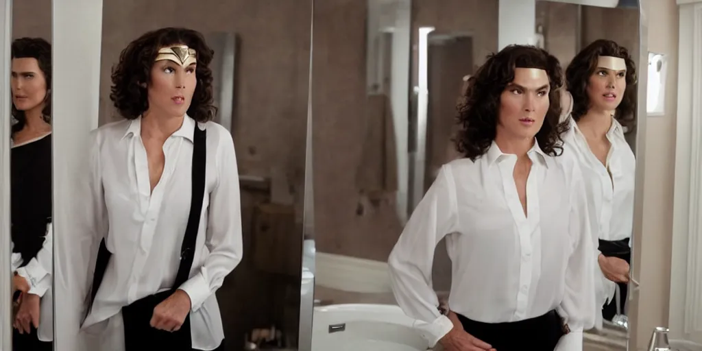 Image similar to ultra wide angle photo of will ferrel dressed in a white blouse and black dress pants looking at himself in a bathroom mirror and seeing his reflection as wonder woman