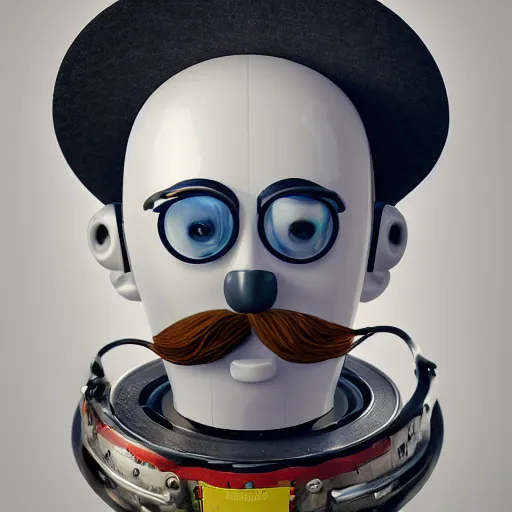 Image similar to portrait of a robot with a moustache wearing beret holding big paintbrush, big head, high detail, beautiful light, depth of field, sharp focus, clean design, 4 k, pixar, low saturation, octane render