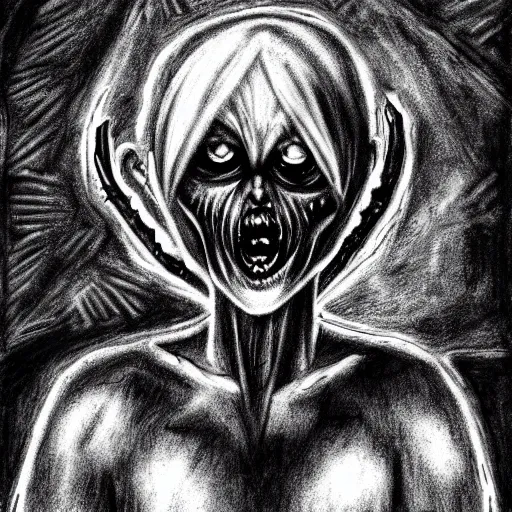 Image similar to grunge drawing of an alien in the style of the grudge | horror themed