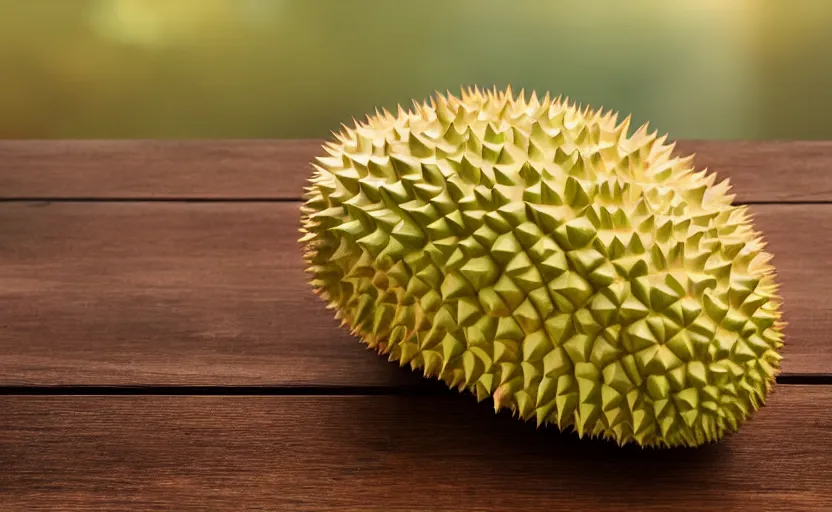 Prompt: a macro photo of a durian on a wooden table at sunrise, hyperrealistic, some trees in the background, dof, octane render, unreal engine 5, trending on artstation, high quality, highly detailed, 8 k, soft lighting, path traced, beautiful, harmonious, complementary colors, serene scene, bloom, godrays, concept art