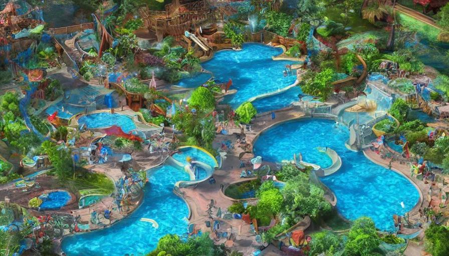 Image similar to a cluster of multiple shallow kidney shaped aqua blue pools in a neighborhood park, it ’ s a small world water ride, photorealistic, deviant art, unreal engine, realistic shading, realistic render, octane render, detailed textures, photorealistic, wide shot