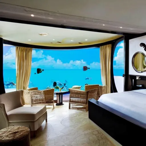 Image similar to bedroom at extremely expensive underwater hotel in the caribbean. high - fashion boutique hotel. portholes. a small leak. detailed beautiful photography.