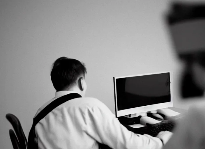 Prompt: a 3 5 mm photo from the back of a man typing on a desktop computer in the 1 9 9 0's, bokeh, canon 5 0 mm, cinematic lighting, film, photography, depth of field, award - winning, retro, vintage