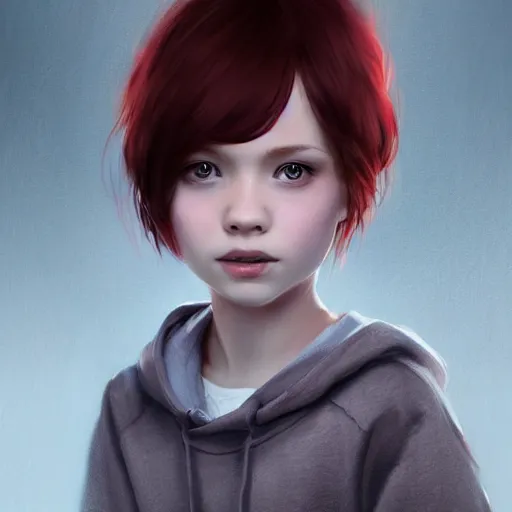 Image similar to a cute tiny girl with short red hair wearing a hoodie, digital art, very beautiful face, pretty face, very detailed eyes, full body illustration, 8 k resolution, soft painting, by greg rutkowski, wlop, rossdraws,