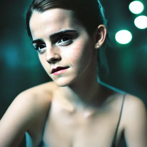 Image similar to emma watson, in tokyo at night, film still, cinestill 8 0 0,