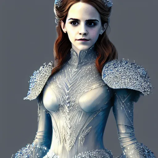 Image similar to Portrait shot of Emma Watson as the Queen of Ice, Ice crystal armor, snow falling, concept art, 4k, digital art, trending on art station, hd, doll, colorful backdrop, 3d anime