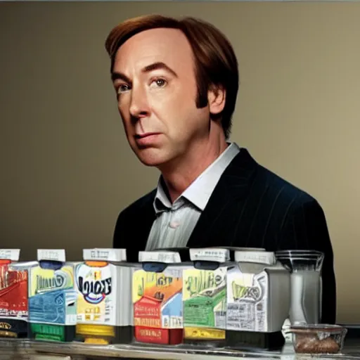 Prompt: jimmy mcgill aka saul goodman attempting to sell you milk