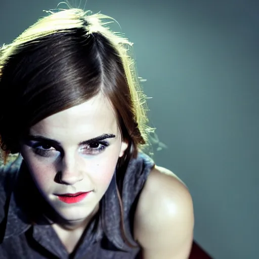 Image similar to Yor Forger cosplay by Emma Watson, seductive gaze, 8k, professional photography, cinematic studio shot, dark, smoke