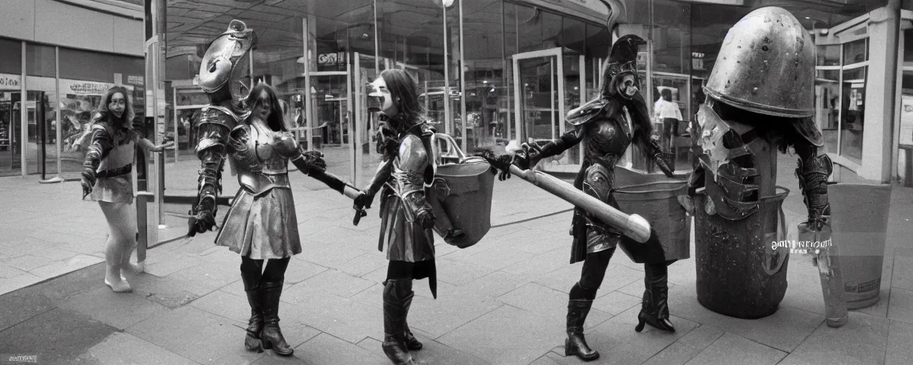 Prompt: Elden Ring:Liverpool 1980 a young woman tries to sneak past a giant dustbin knight outside Belle Vale Shopping Centre high quality professional photo AP PHOTOS