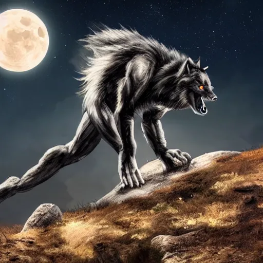 Image similar to werewolf transforming on top of a mountain in the moonlight