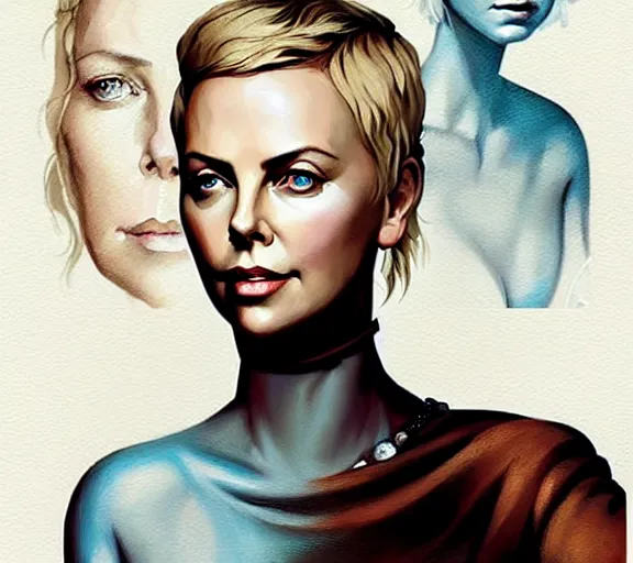 Image similar to portrait of portrait, charlize theron as a queen, fantasy, game of thrones, by atey ghailan, by greg rutkowski, by greg tocchini, by james gilleard, by joe fenton, by kaethe butcher, by ashley wood, dynamic lighting, gradient light blue, brown, blonde cream and white color scheme, grunge aesthetic