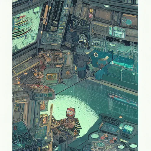 Image similar to Stunningly intricate illustration of a cyberpunk explorer playing video games in his treehouse, highly detailed, midnight, by Victo Ngai and James Gilleard , Moebius, Laurie Greasley