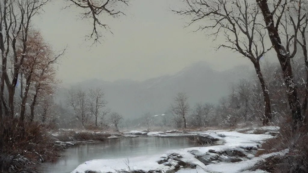 Image similar to A beautiful landscape oil painting of a hill with trees, the winter has arrived and the leafs are covered with snow to become white, the river is zigzagging and and frozen, the river has lots of dark grey rocks, by Greg Rutkowski