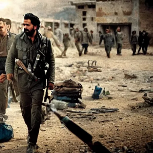 Image similar to kurdish communist in a movie directed by christopher nolan, movie still frame, promotional image, imax 7 0 mm footage