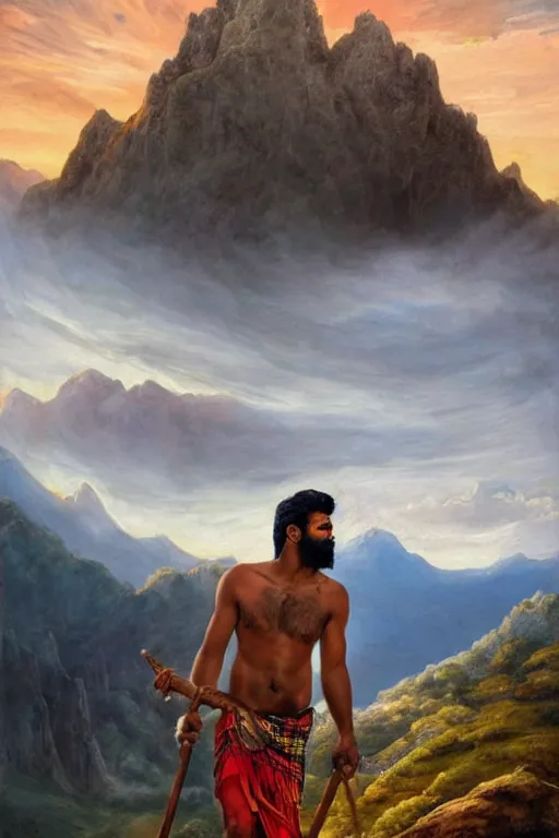 Prompt: a dramatic epic beautiful painting of a very hairy handsome shirtless desi man in the mountains | he is wearing a plaid kilt and cowboy hat, and holding a walking stick | background is mountains! and clouds | dramatic lighting, golden hour, homoerotic | by mark maggiori and walter crane and rahul kohli | trending on artstation