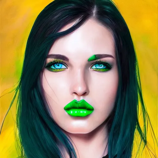 Image similar to photorealistic portrait of beautiful toxic girl, black hair, blue eyes, smooth face, perfect eyes, half body shot, elegant, realistic, glowing skin, detailed face, green colours, sharp focus