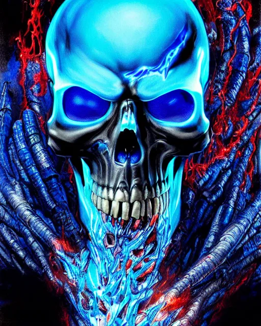 Prompt: blue fiery eyes spawn - terminator skull - ghost rider - hybrid, supervillains, intricate artwork, concept art, eyes octane render, deviant art, cinematic, key art, hyperrealism, iridescent accents, portrait photograph, in hell, nikon 3 5 mm, ridley scott, frank miller, moebius, dan mumford, jim lee