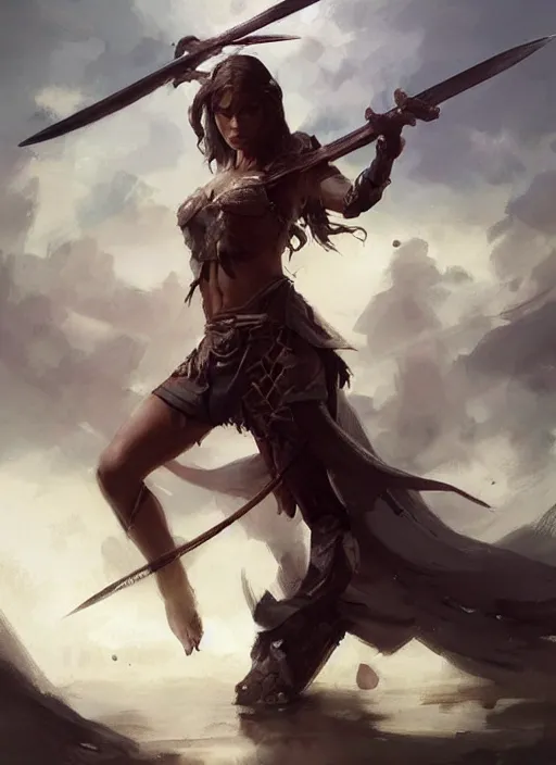 Image similar to hyper realistic warrior girl with sword in her hand, full body, rule of thirds, human proportion, good anatomy, beautiful face, conceptart, saturated colors, cinematic, vallejo, frazetta, greg rutkowski