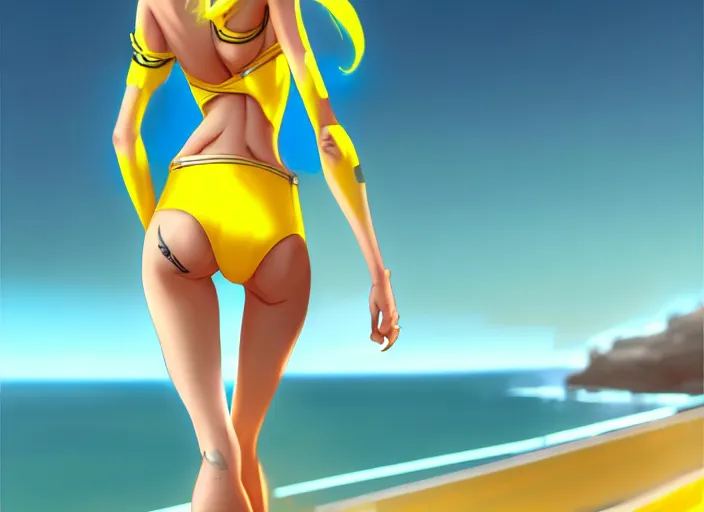 Prompt: tracer overwatch, yellow hair, attractive look, sticks out her tongue, winks her eye, dressed in a yellow bikini, full length, wide hips, overlooking the beach, digital painting, realism